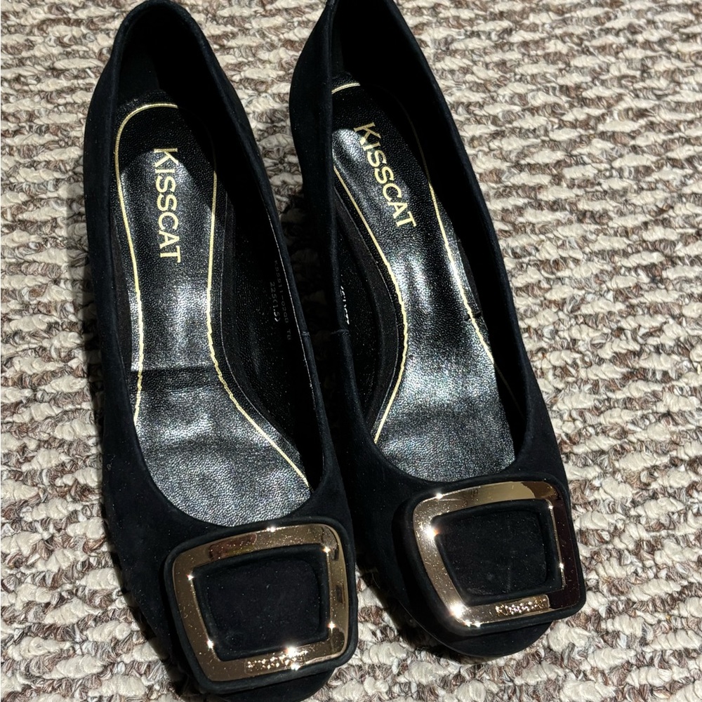 Vintage Kisscat Black Flats with Gold Buckle